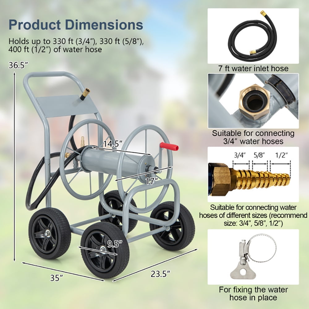 Resenkos Outdoor Patio Garden Truck, Cart, Garden Hose Reel Cart Holds 330ft of 3/4 Inch or 5/8 Inch Hose-Silver