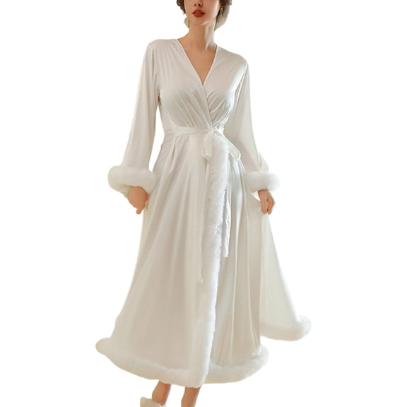 Arlun Valentine's Day Satin Robes for Women Sheer Long Sleeve Fuzzy Trim Kimono Robe Fashion Lightweight Comfy Long Wrap Nightgown Bathrobe Pajamas Sleepwear White XL