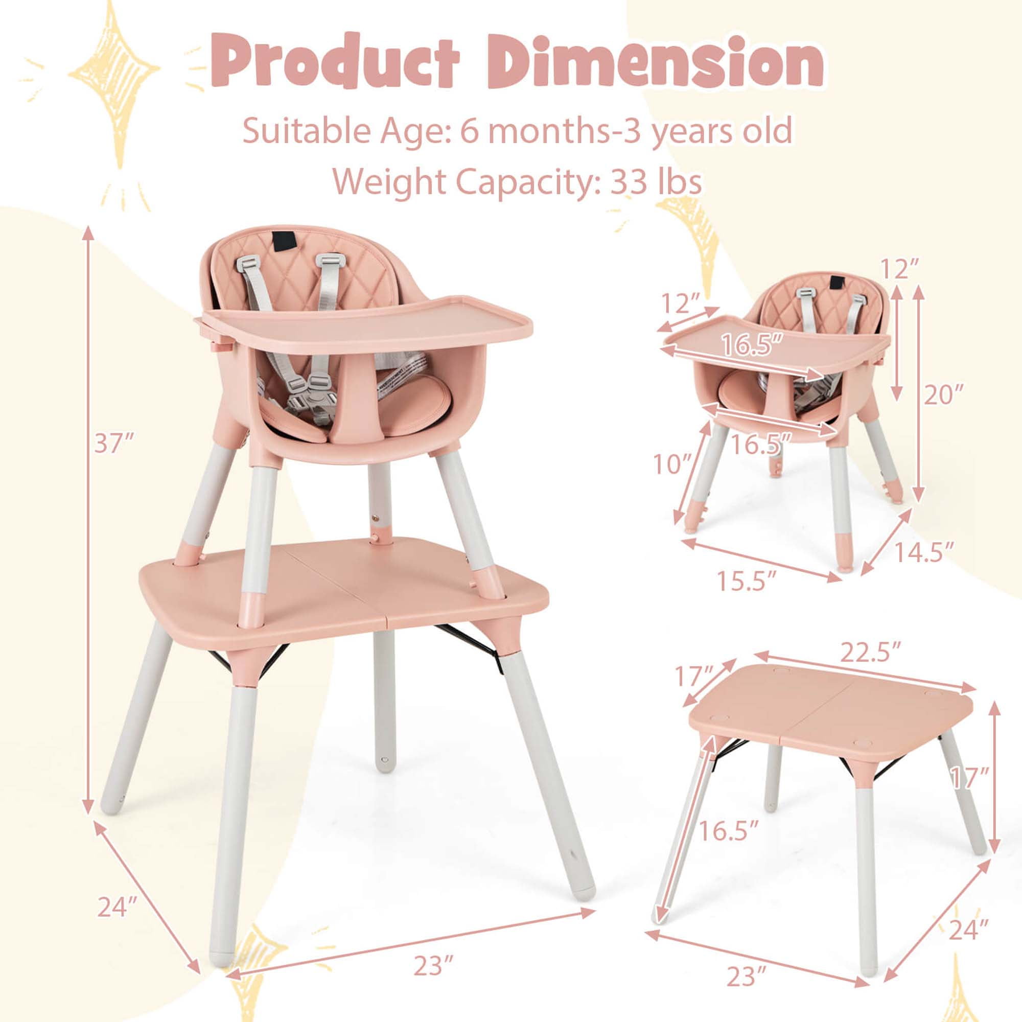 Babyjoy 4 in 1 Baby High Chair Convertible Toddler Table Chair Set with PU Cushion Pink