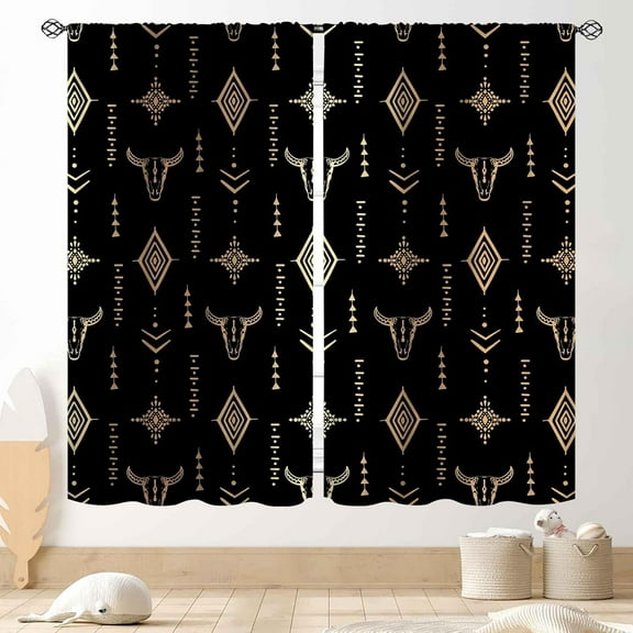 Western Blackout Curtains, Southwest Tribal Aztec Bull Skull Cowboy Theme Rustic Rural Western Boho Curtains for Bedroom Living Room Kitchen Farmhouse Decor Drapery Treatments 2 Panels, 42"x63" Inch