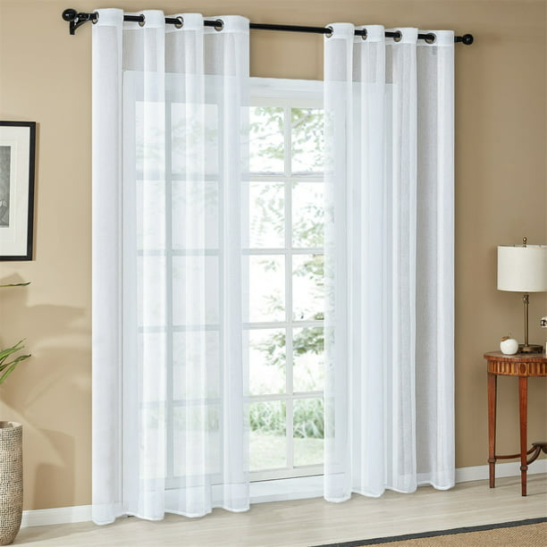 Grommet Faux Linen Window Curtains, White Sheer Curtain Panels 96 Inches Long