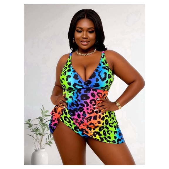 Women's Plus Size One Piece Swimsuit Rainbow Leopard Print Halter Cutout for Beach Pool