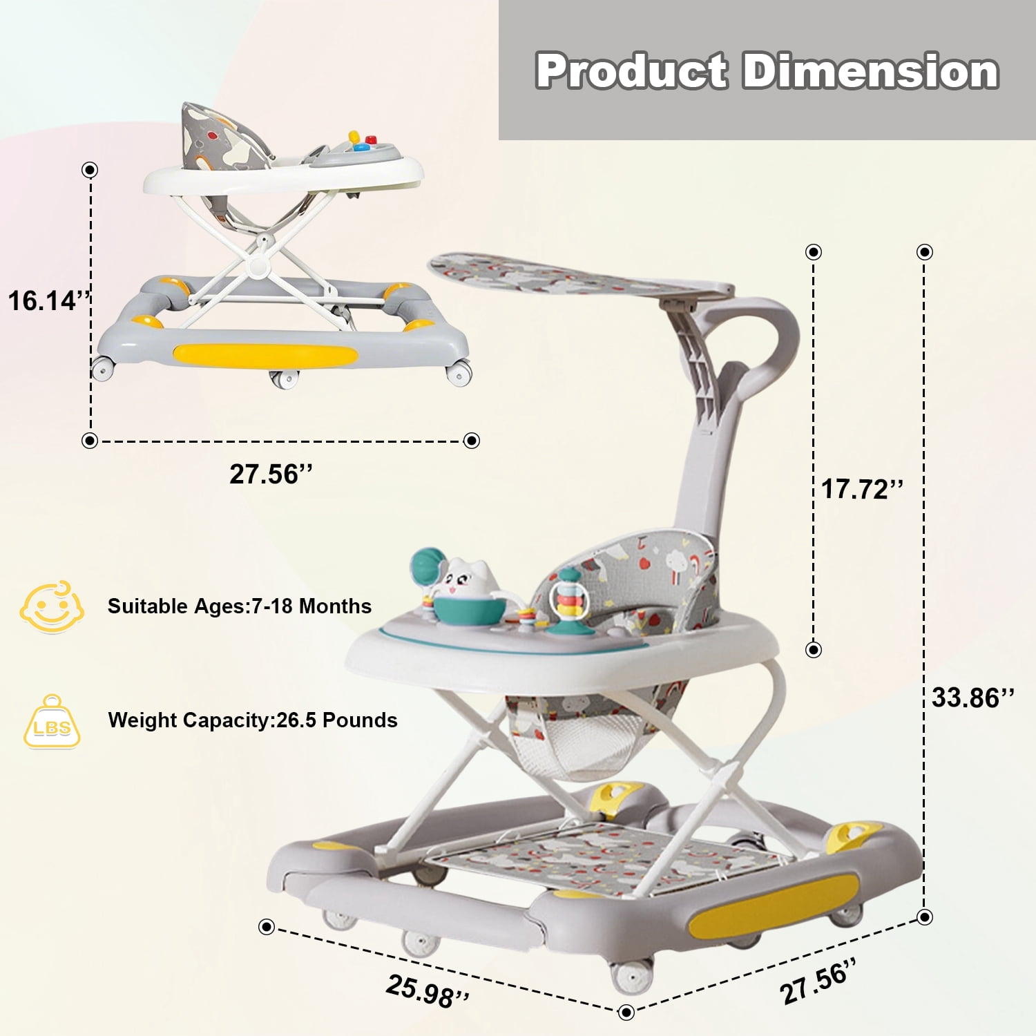 LuoLuo Baby Walkers, Music and Lights Toddler Jumper, Foldable Baby Walkers for Boys Girls Babies 6-36 Months,Gray