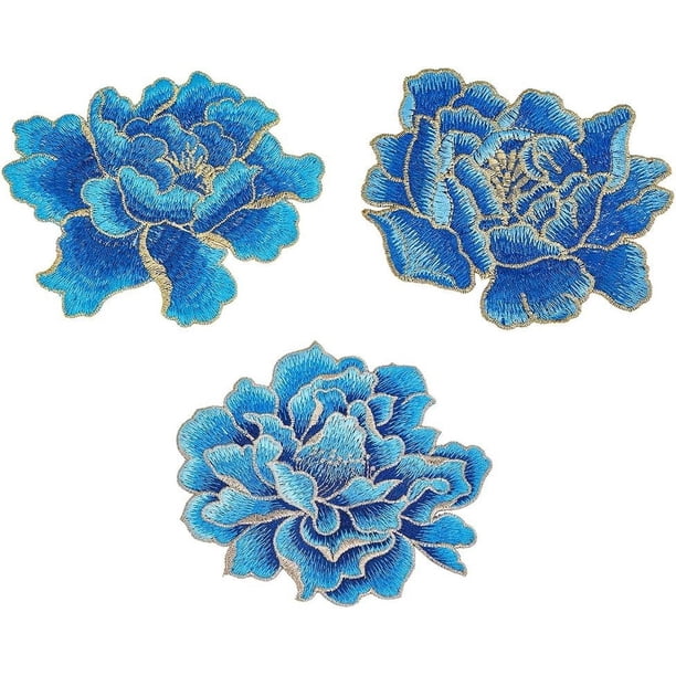 3 parches bordados florales de peonía en 3 estilos, color azul aciano, para coser, planchar y aplicar con motivos florales.