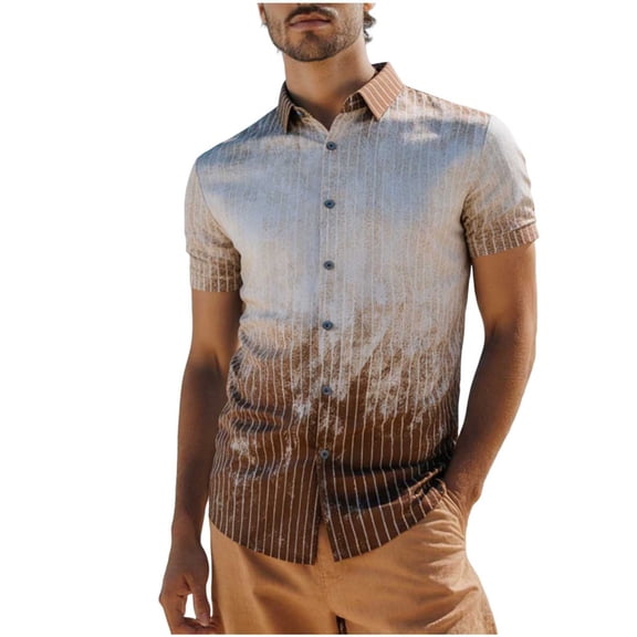 LMOIPLI Men's Summer Striped Shirts Button Down Short Sleeve Beach Vacation Hawaiian Shirt Casual Stylish Gradient Tops Khaki XS