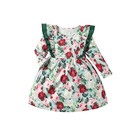 

Suanret ids Infant Baby Girls Dress Spring Outfits Flower Print Long Sleeve Ruffle Party Princess Dress Green 6-12 Months