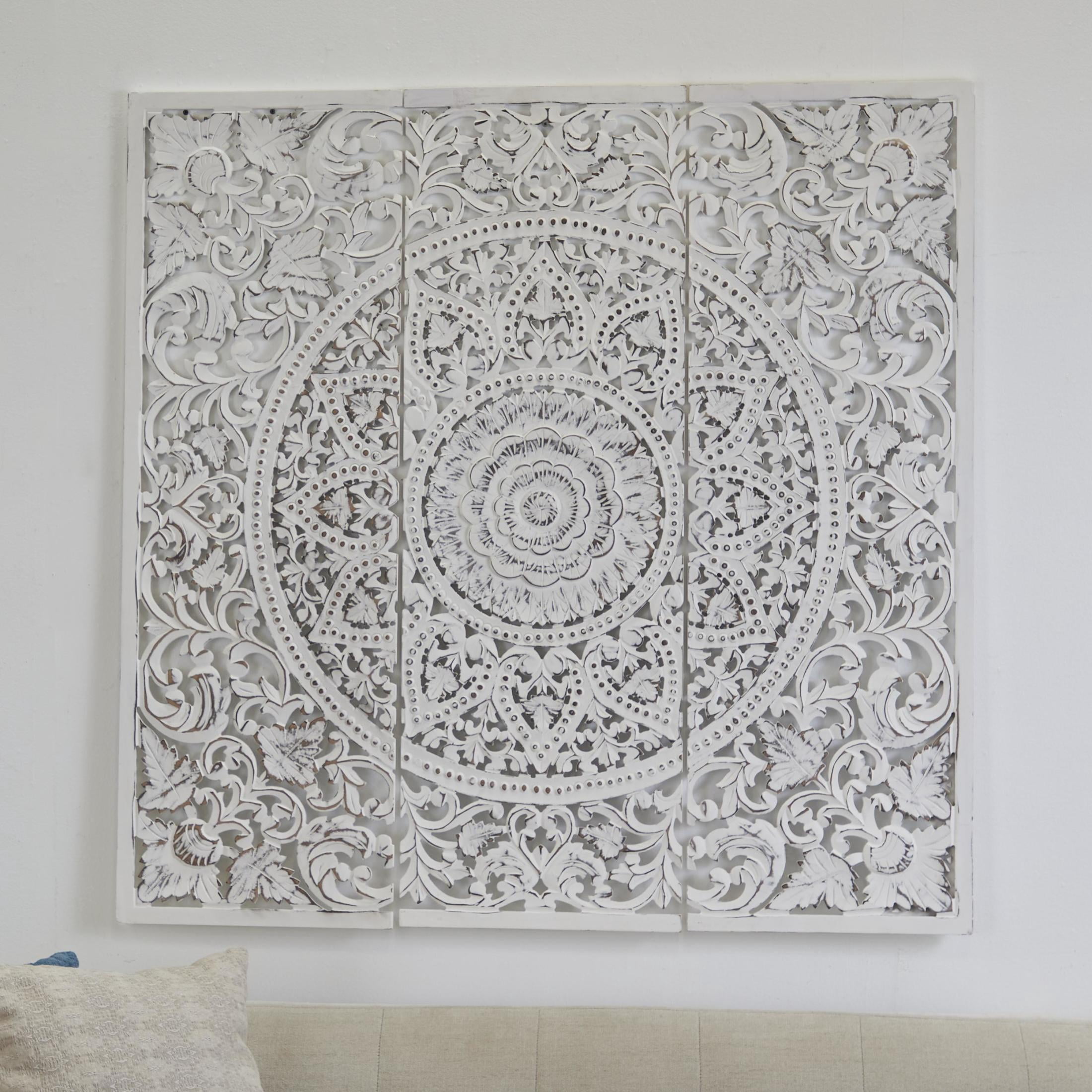 DecMode White Wooden Handmade Intricately Carved Floral Wall Decor with Mandala Design (3 Count)