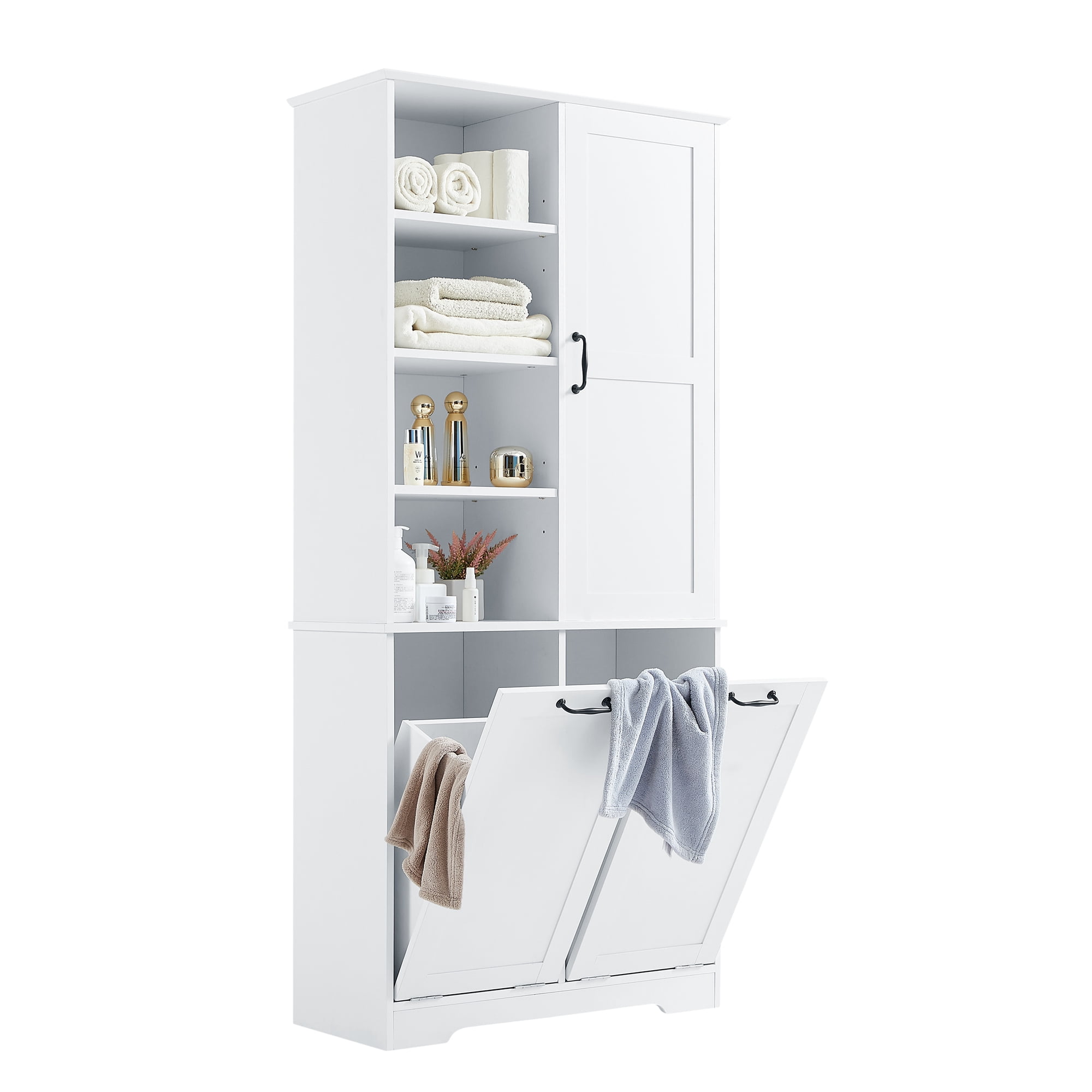 Euroco Laundry Hamper Cabinet with 2 Tilt-Out Baskets and Adjustable Shelves – Tall MDF Storage Cabinet for Bathroom or Laundry Room – Anti-Tip Design