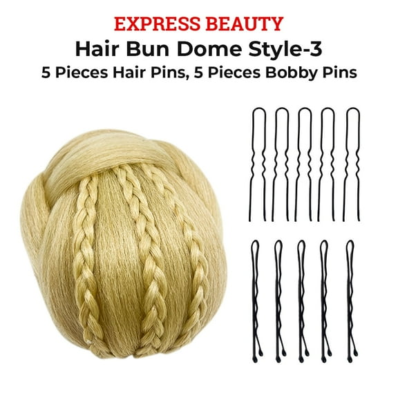 Express Beauty Synthetic Chignon Hair Piece Updo Braided Hair Bun Dome Wig Clip In Hair Buns Extensions for Women with 10pcs Hair Buddy Pins - (Hair Bun Dome Style 3) (1 Natural Black)