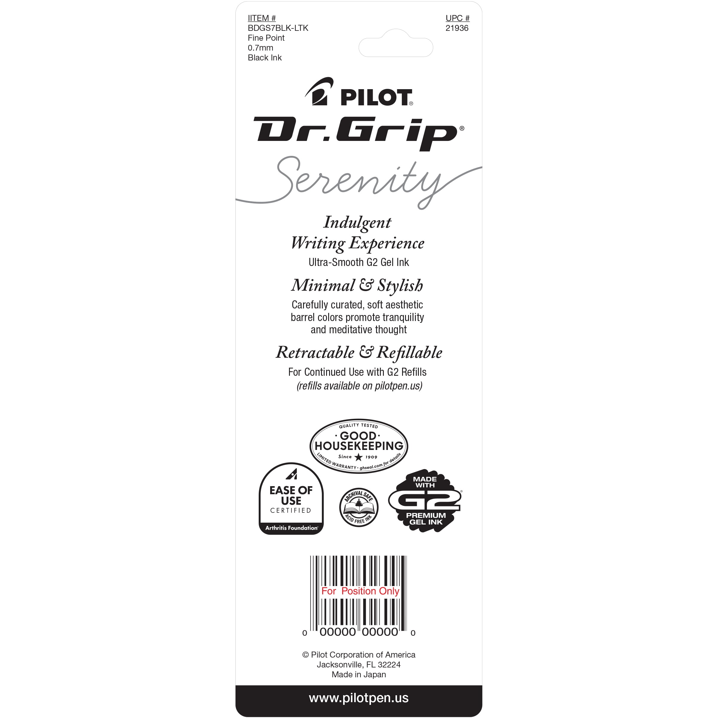 Pilot Dr. Grip Serenity Retractable Gel Ink Pen, Light Pink Barrel, Fine Point (0.7 mm) Black Ink 1 Pack