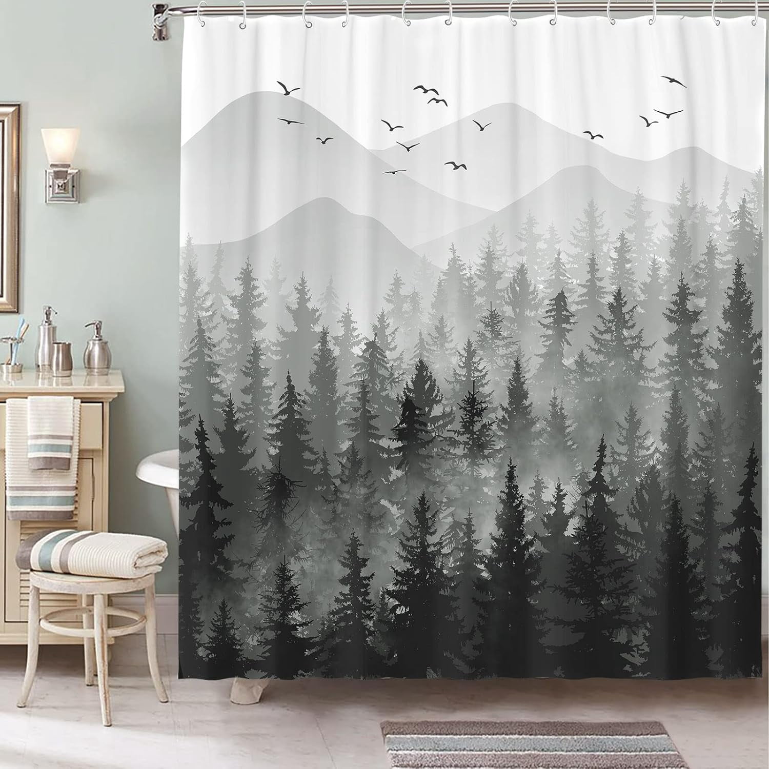 Black and White Misty Forest Shower Curtain Ombre Dark Gray Mountain Pine Tree Waterproof Fabric Shower Curtains for Bathroom Grey Nature Woodland Decorative Bath Curtain Decor 72×72 Inches