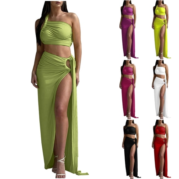 CHUMUD Skirt Sets for Women 2 Piece Outfits Summer Y2k Strapless One Shoulder Crop Top High Slit Skirt Bodycon Maxi Long Skirt Suit Night Out Set