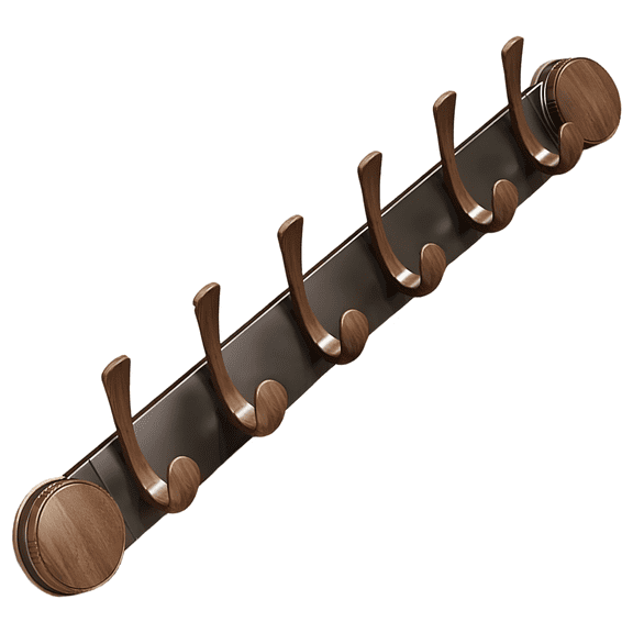 Walnut Wood Wall Mounted Coat Rack, Self-Adhesive Entryway Organizer with 6 Hooks, Heavy Duty Hallway Hat Key Storage Holder, Damage-Free, Decorative Home Decor, 24.8 in