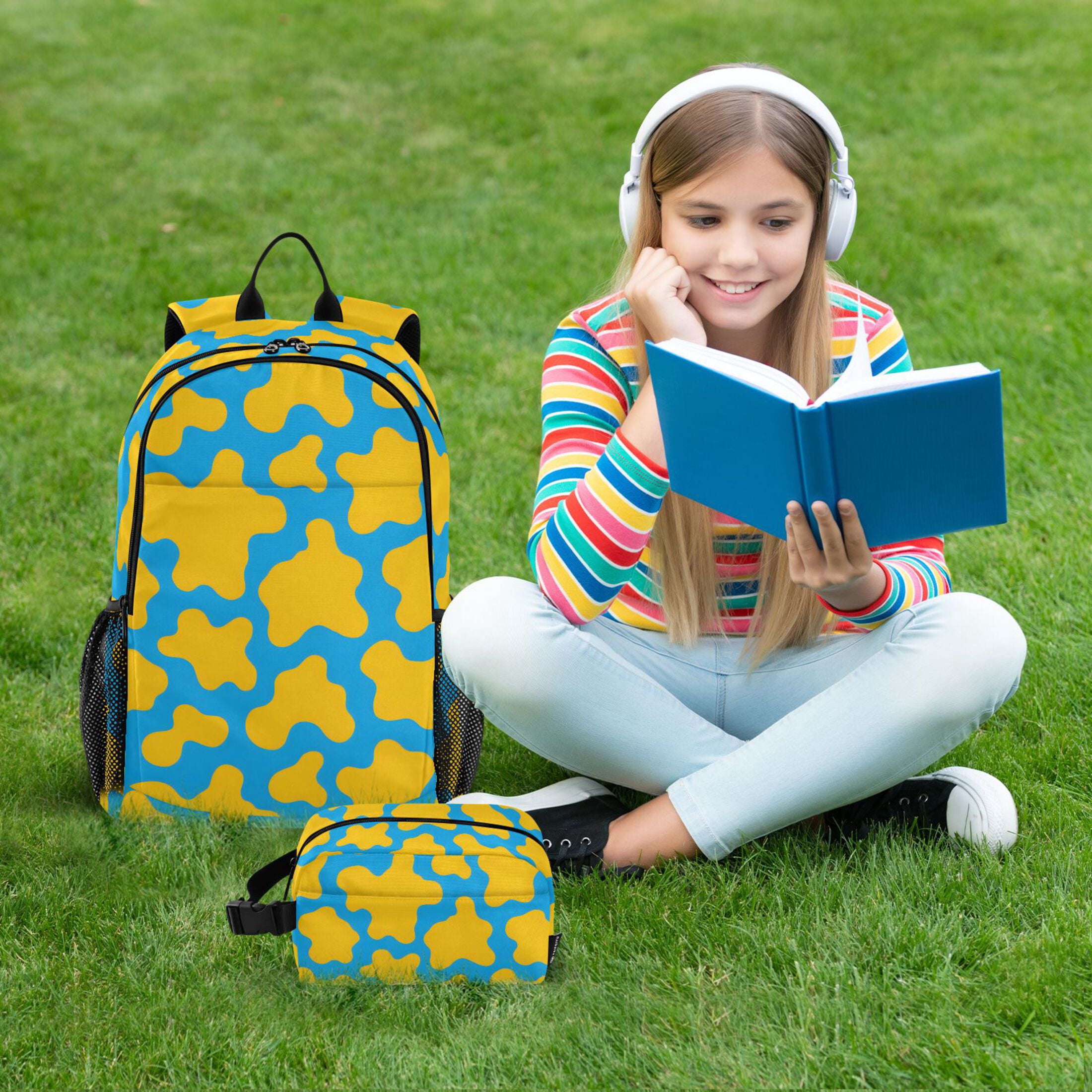 ALAZA Cow Print School Backpack Lunch Box Set Student Bookbag