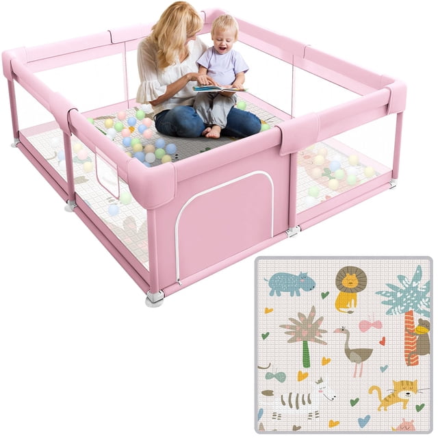 Corral para bebés Hiaksedt 127 x 127 cm con colchoneta de malla rosa