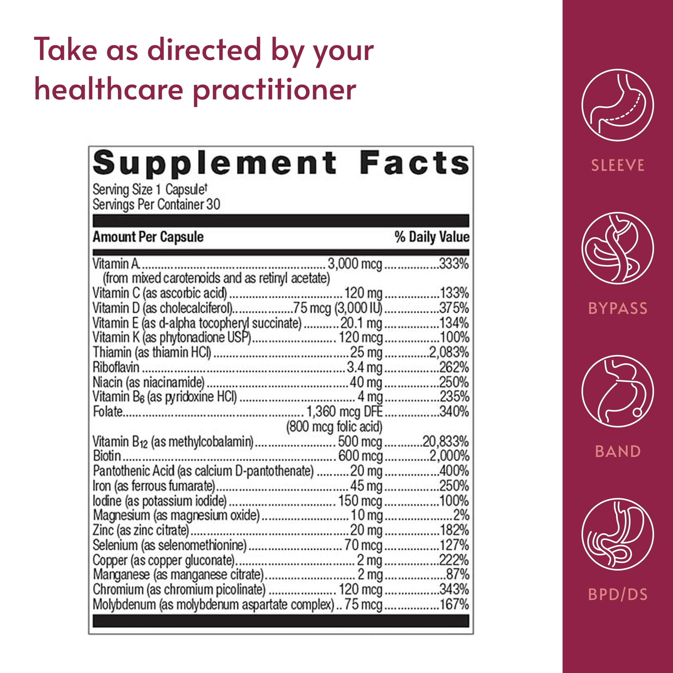 Bariatric Advantage Ultra Solo with Iron - Once-Per-Day Daily Multivitamin - For Bariatric Patients - With Thiamin, Vitamin A & More - Gluten Free - 30 Capsules