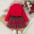 thumbnail image 5 of GYRATEDREAM Toddler Baby Girls Skirt 3Pcs Set Little Kids Lapel Long Sleeve Pit Strip Ribbed T Shirt Top Plaid Pleated Mini Skirt with Belt Outfits Fall Winter Clothes for 12 Months-5 Years Red, 5 of 8