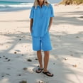 thumbnail image 2 of Linen Short Sets for Women 2 Piece Short Sleeve Shirts Wide Leg Shorts Loose Fit Casual Cotton Linen Sets Summer Outfits Sky Blue M, 2 of 7