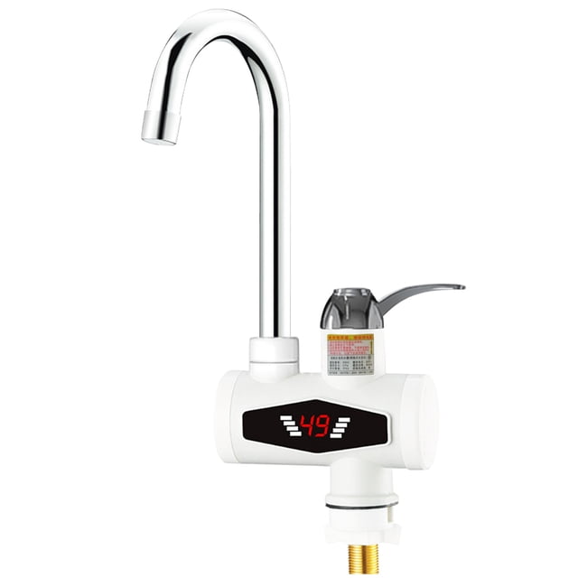 Tankless hot water heater electric instant faucet with a white body, curved chrome spout, and LED digital temperature display. Provides fast heating and dual-use hot and cold water functionality, suitable for bathroom renovation or kitchen sink installation. Compact and easy to install.