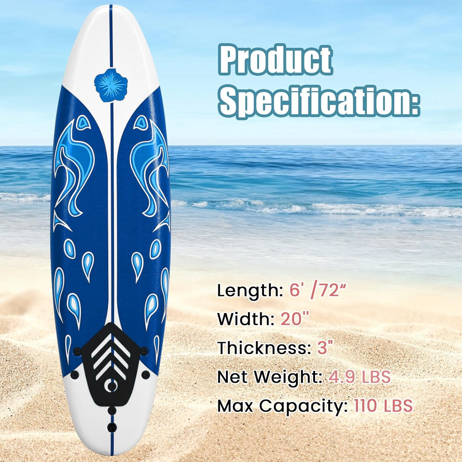 6' Surfboard, Surfing Board with 3 Removable Fins, Safety Leash, EPS Core & EPE Deck, Lightweight Surf Board for Teenagers, Adults, Beginners