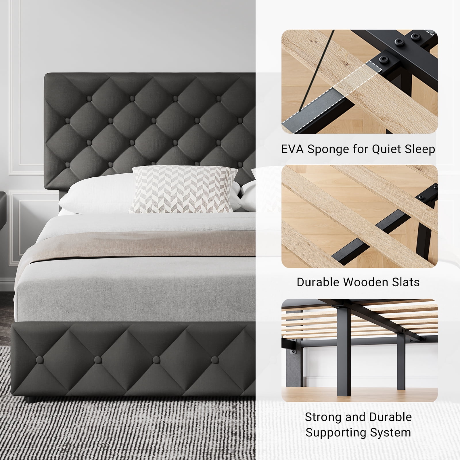 TEQIN Upholstered Queen Bed Frame with 4 Storage Drawers, Diamond Tufted Fabric Platform Bed with Sturdy Support,No Box Spring Needed, Easy Assembly, Noise Free