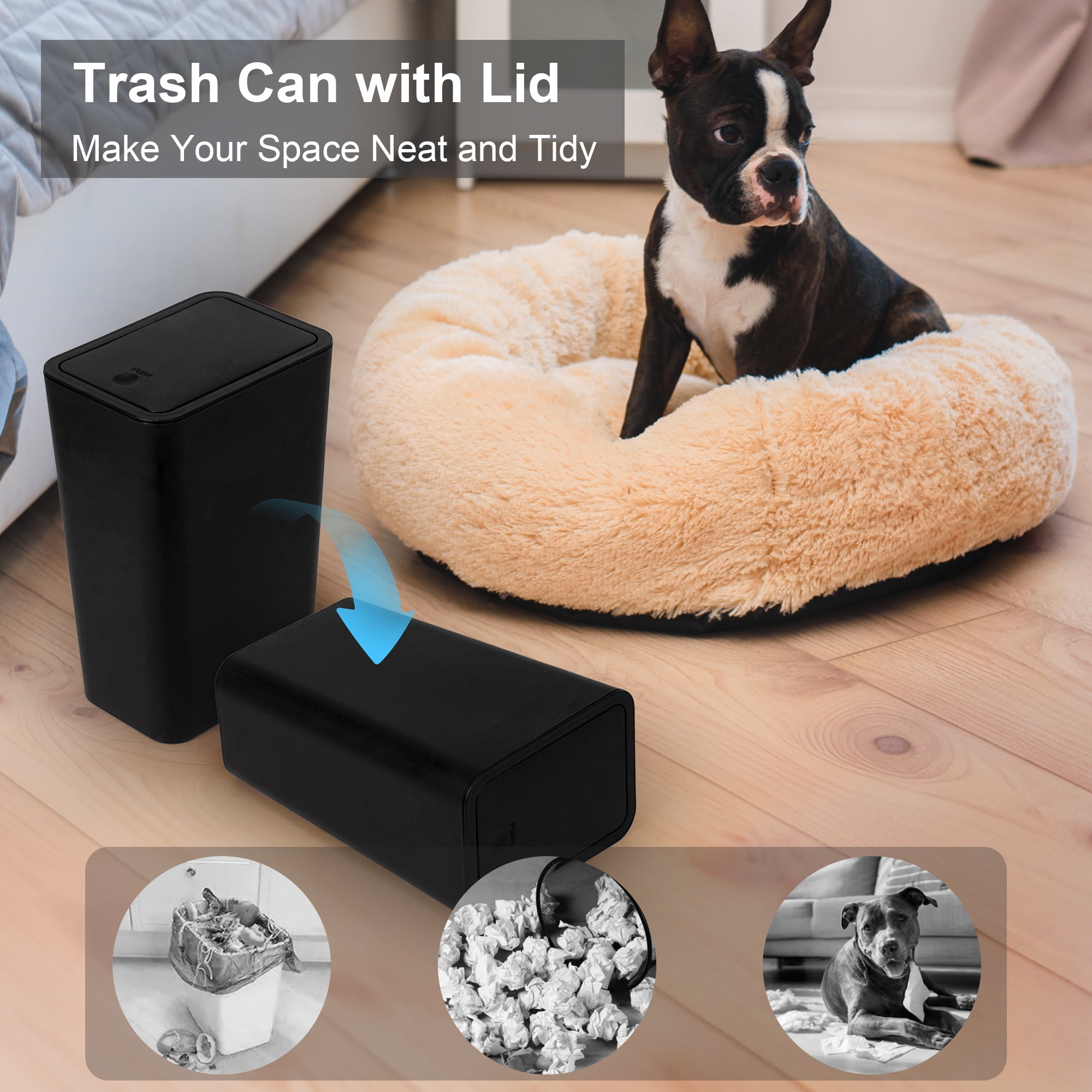 2 Pack Plastic Trash Can with Press Top Lid, 2.6 gal Modern Garbage Can, Small Wastebasket for Bathroom, Black