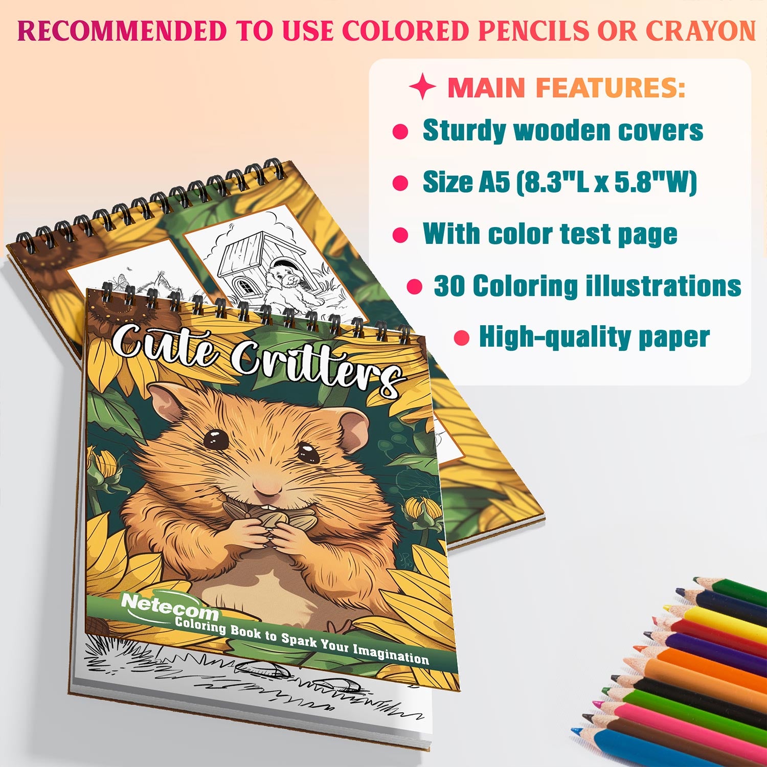Netecom Cute Critters Coloring Book Spiral Bound for Adults, A5 Wooden Cover, 30 Cute Coloring Pages of Fluffy Animals for Stress Relief and Relaxation