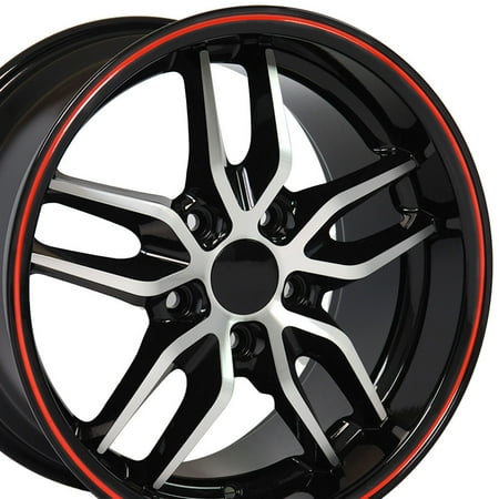 - 18x10.5 Wheel Fits Chevy Camaro Deep Dish Stingray Style Rim Black with Machined Face & Red Band
