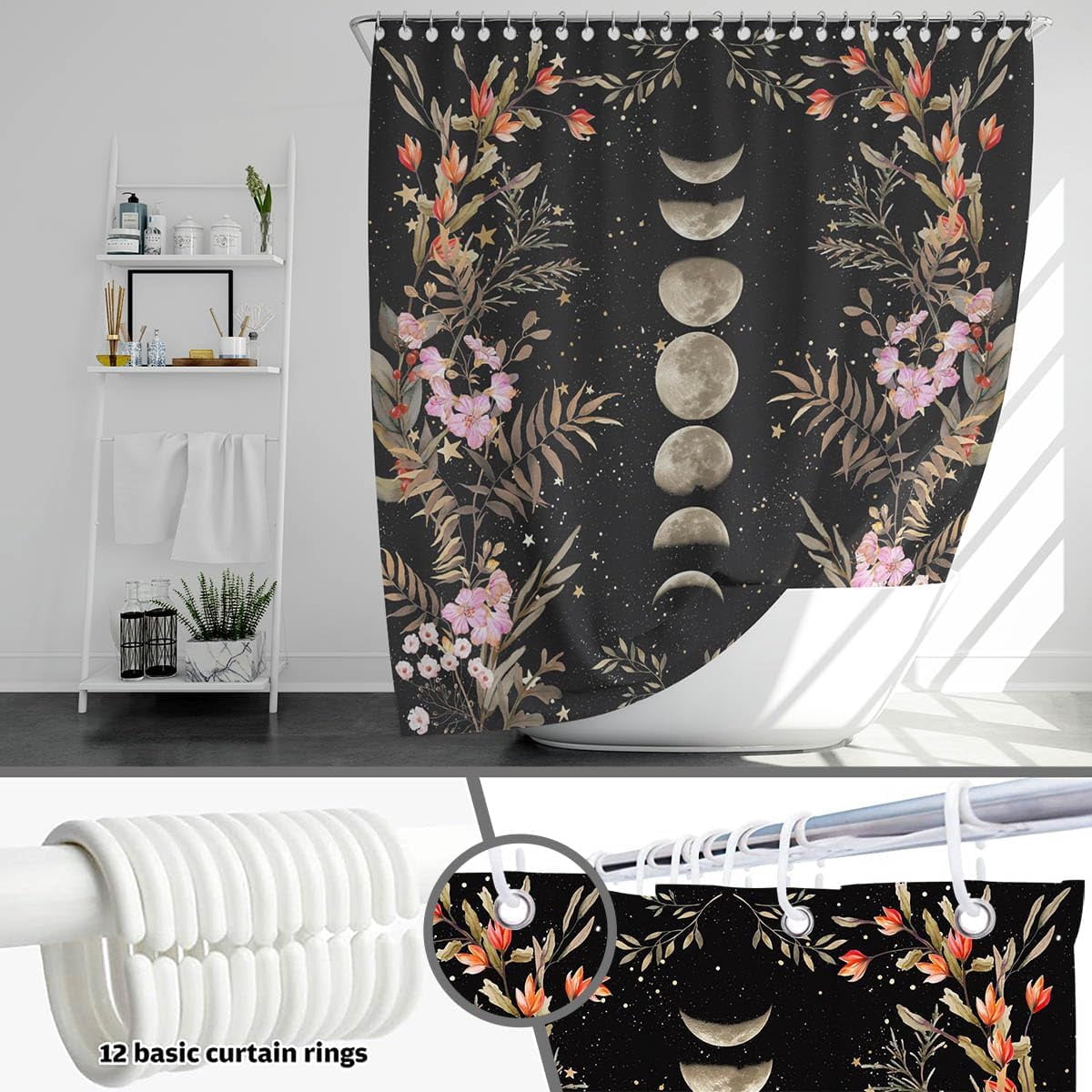 Moon Shower Curtain Floral Shower Curtain with 12 Hooks Black Witchy Gothic Aesthetic Bathroom Decor Waterproof Fabric Shower Curtain, 72''''X72''''