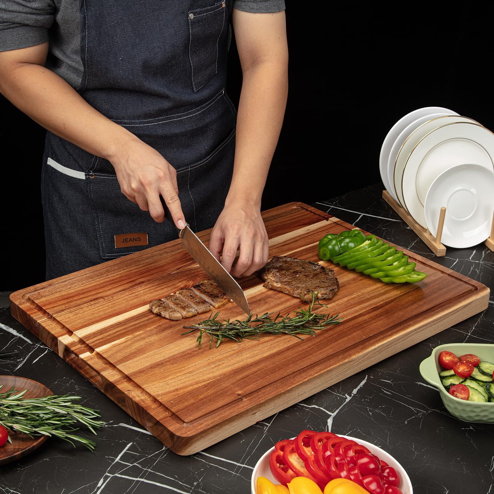 EuKer Large Acacia Cutting Board, 24" x 18" Solid Wood Butcher Block with Side Handles for Kitchen