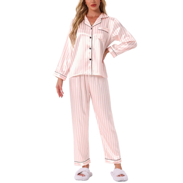 Pijamas de satén para mujer Cheibear, ropa de dormir de manga larga con pantalones, conjuntos de lounge con botones y estampado floral, 2XL, rayas rosas