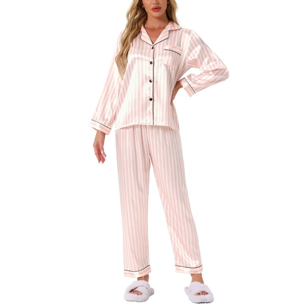 Pijamas de satén para mujer Cheibear, ropa de dormir de manga larga con pantalones, conjuntos de lounge con botones y estampado floral, 2XL, rayas rosas