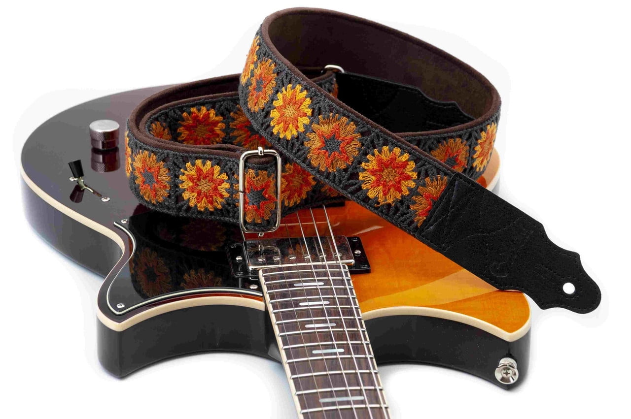 RightOn! Straps Crochet Guitar Strap | Vintage-Inspired Vegan Leather Strap - Brown