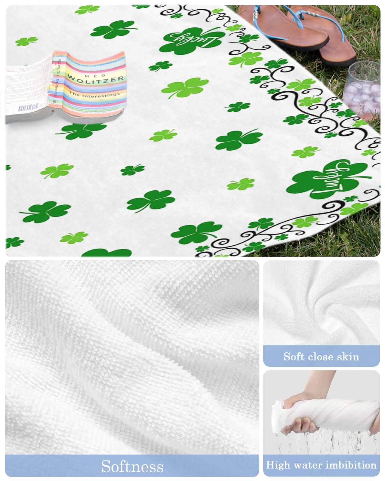 Shamrocks, Beach Towels Oversized Super Absorbent, Saint Patricks Day Green Clover Green White Lightweight Bath Towel Quick Dry Sets For Bathroom/Pool/Rv Camping/Beach Play/Gym Room/Picnic 35"x70"