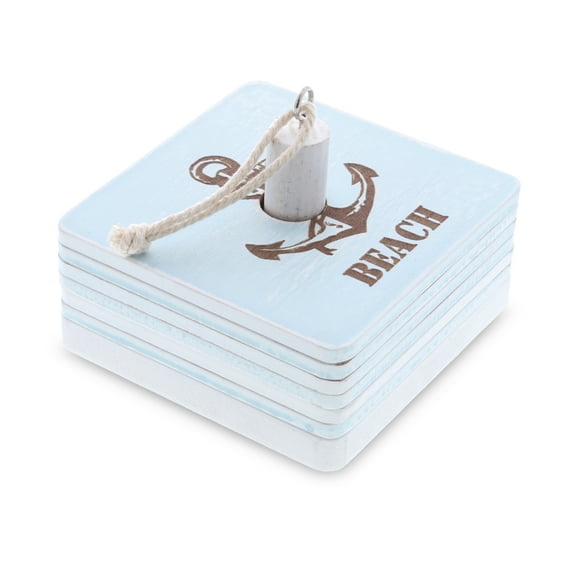 CoTa Global Blue Lagoon Nautical Wooden Coaster Set - Rustic Square Coaster Set with Holder, Cute Beach Theme Drink Coasters Set for Spill and Scratch Free Tabletop - 6 Coasters and 1 Holder Set
