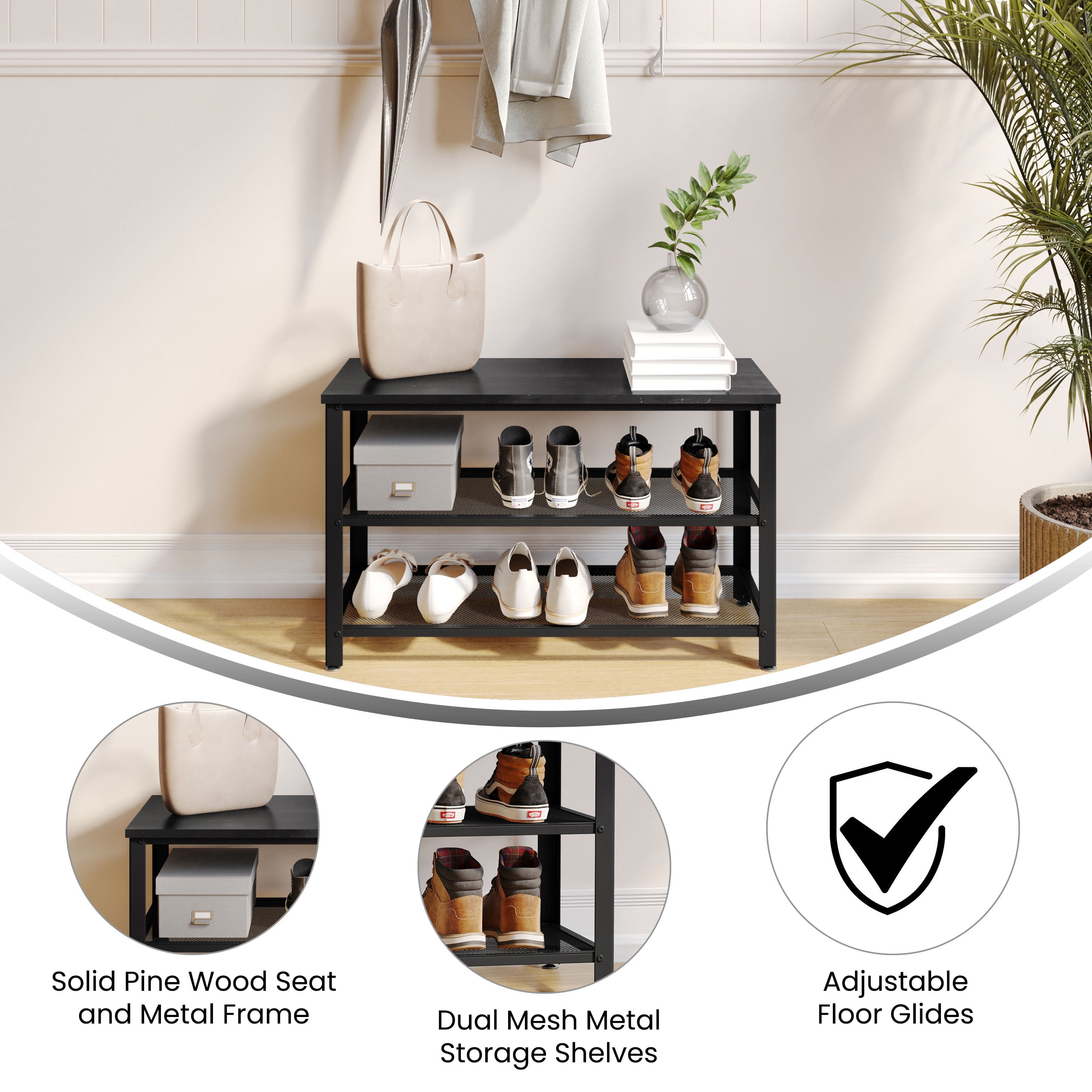 BizChair 3-Tier Wooden Entryway Bench with Metal Mesh Shoe Storage