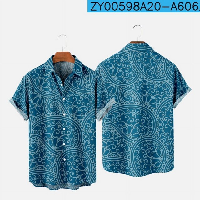 2022 New Original Risk Free Wave Pattern 3D Printing Lapel Men's T-Shirt Top Hawaiian Beach Style