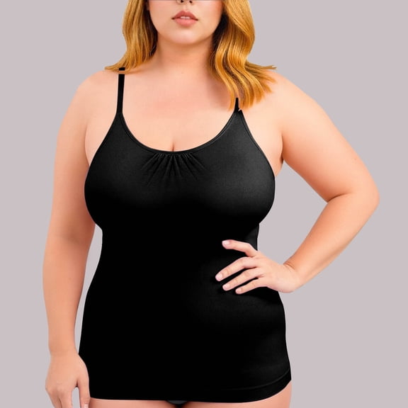 Women’s Plus Size Camisole Tank Tops Solid Color Crewneck Pleated Shaping Slim Fit Cami Spaghetti Strap Summer Basic Tops