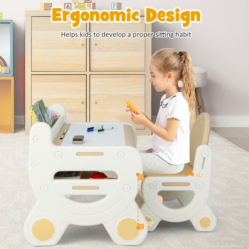 Resenkos Kids Drawing Table and Chair Set with Watercolor Pens and Blackboard Eraser-Brown, Small Folding Table for Arts & Crafts, Snack Time, Homeschooling, Homework