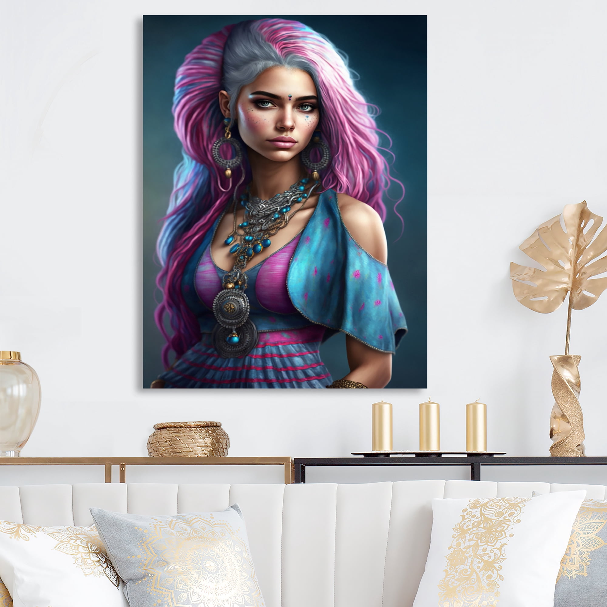 Designart Fashion Indian Woman In Pink And Blue V Canvas Wall Art