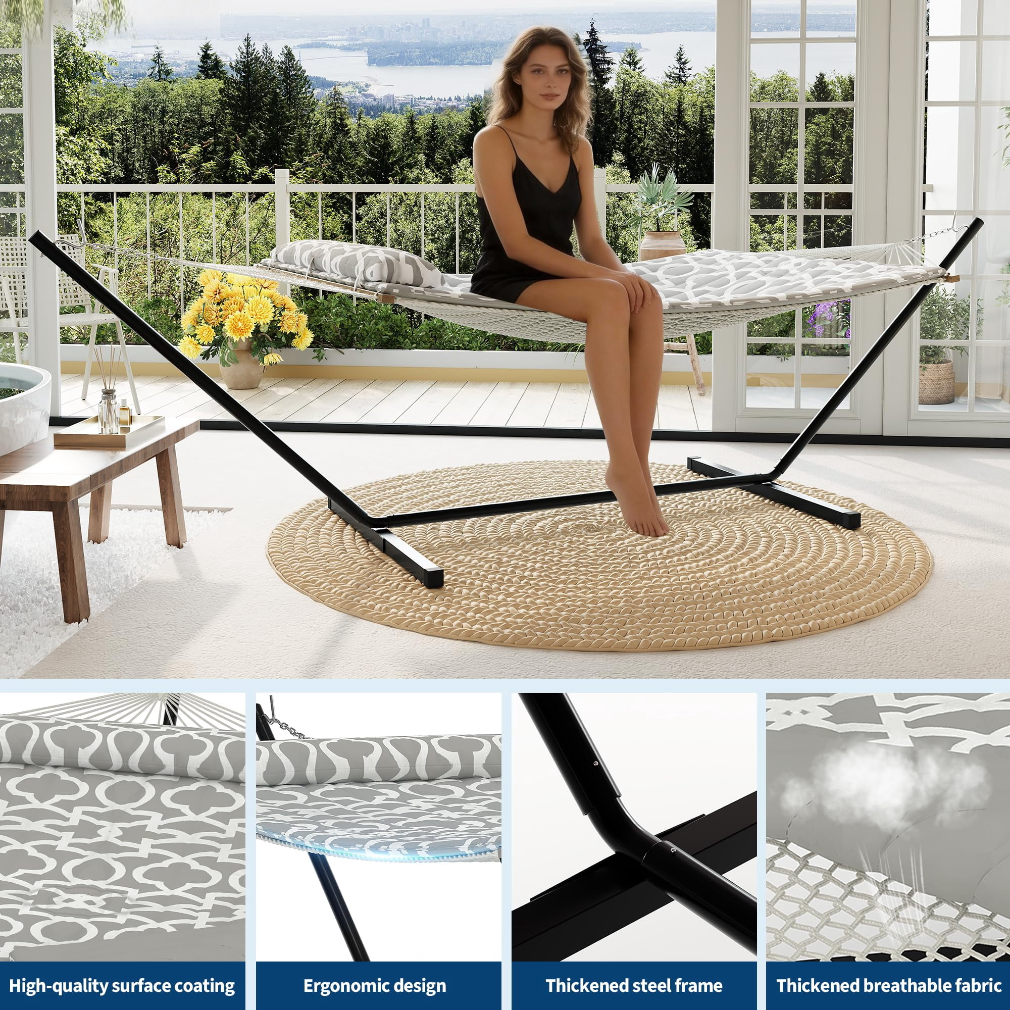 Portable Hammock with Stand & Carry Bag, Heavy Duty 450Lb Capacity, Quilted Polyester & Net Design, for Indoor & Outdoor Use, Light Gray