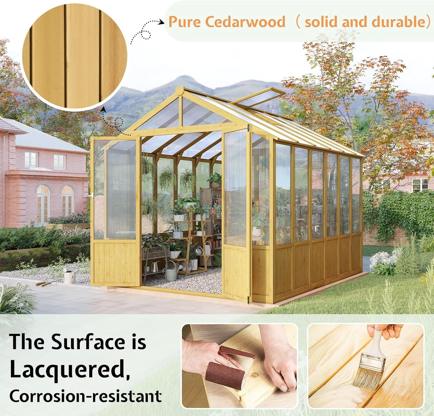 Jocisland 8x9.5 ft Wooden Greenhouse with Lockable Door, Walk-in Cedar Structure, Adjustable Roof Vents, Polycarbonate Panels for Outdoor, Garden