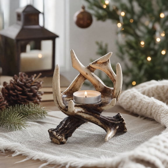 Antler Candle Stand, Rustic Home Ornament, Farmhouse Table Decor, Elegant Carved Design and Sturdy Long-Lasting Build for Mantel Shelves, Living Rooms and Holiday Settings.