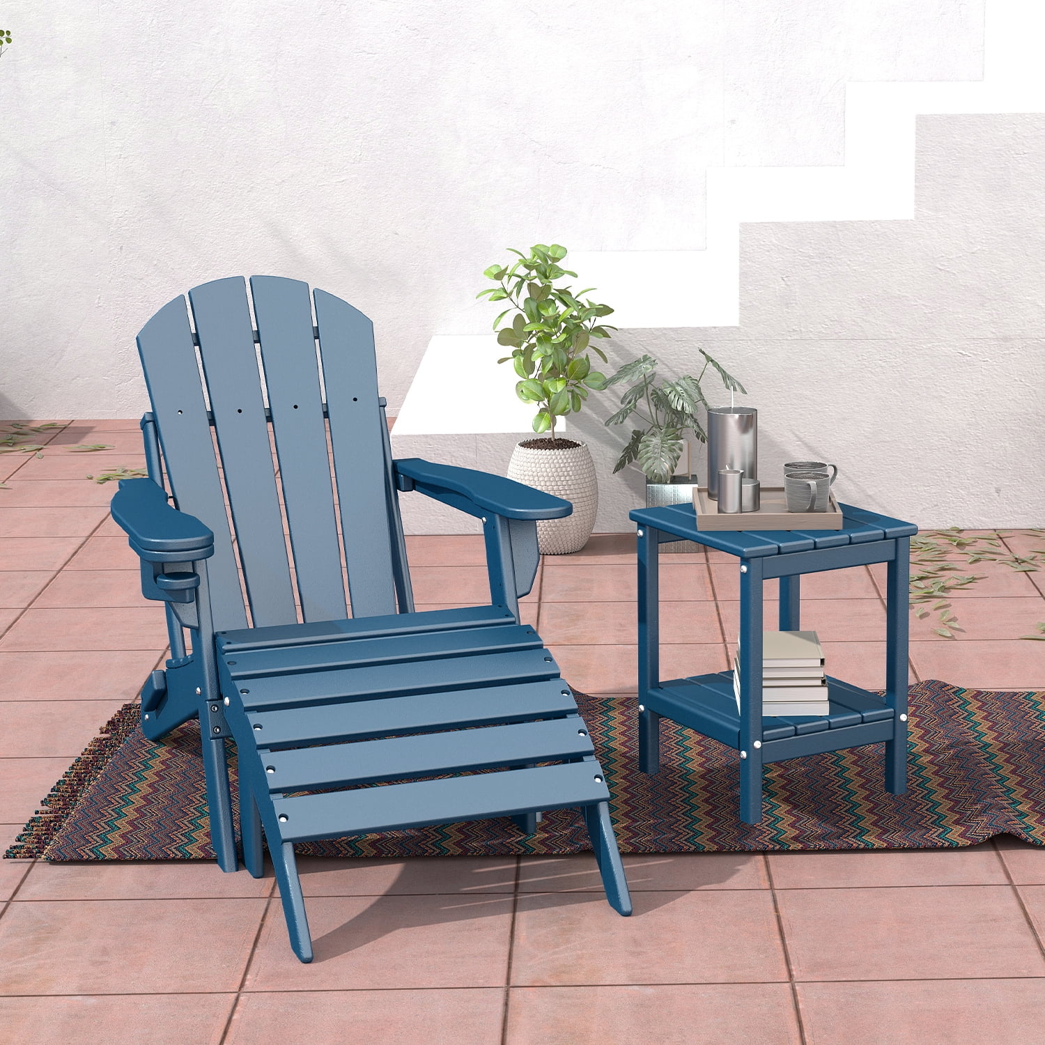Pipopa Adirondack Outdoor Side Table Set of 2,HDPE All Weather Double Layer Patio Side Table,Rectangular End Table for Garden Balcony Pool,Blue