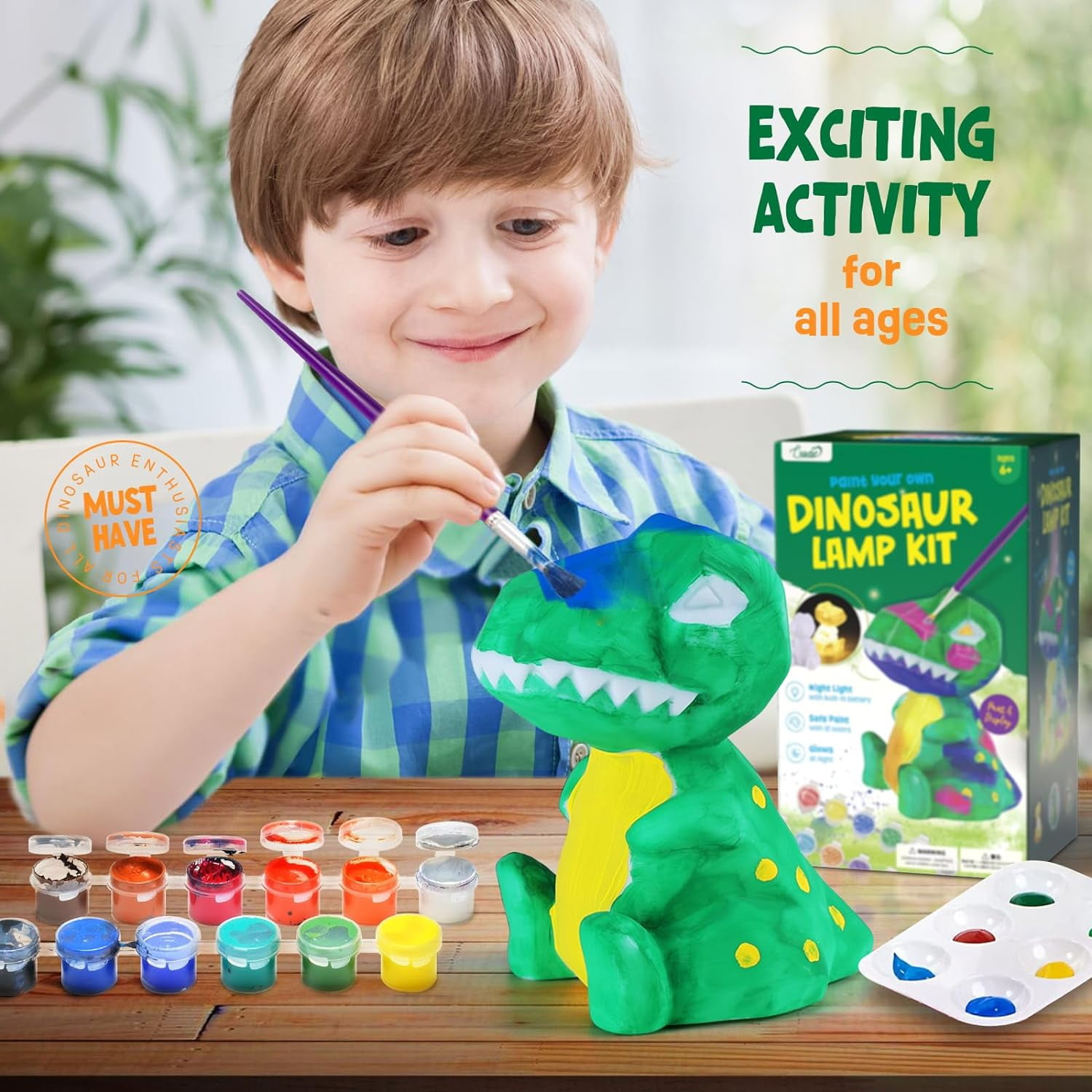 Paint Your Own Dinosaur Lamp Kit, Art Supplies Arts & Crafts Kit, Painting kit for Kids 6-12, Dinosaur Toys for Boys Girls and Kids, Girls Boy Birthday Gift Ages 6 7 8 9 10 11 12+