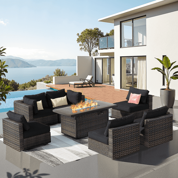 Grezone 7 Piece Patio Furniture Sets on Sale with Fire Pit Table, All Weather Outdoor Sectional PE Rattan, Patio Furniture Sets with Cushions for Garden, Lawn, Backyard,Black