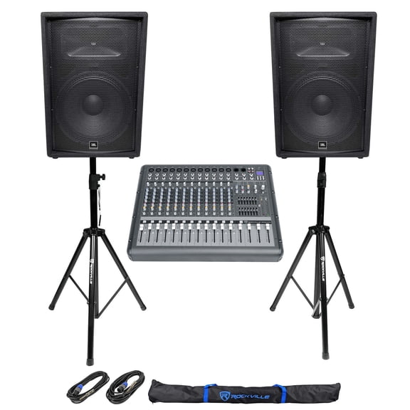 2) JBL Pro JRX215 15" 2000w PA/DJ Speakers Powered 14-Channel Mixer w/USB Stands