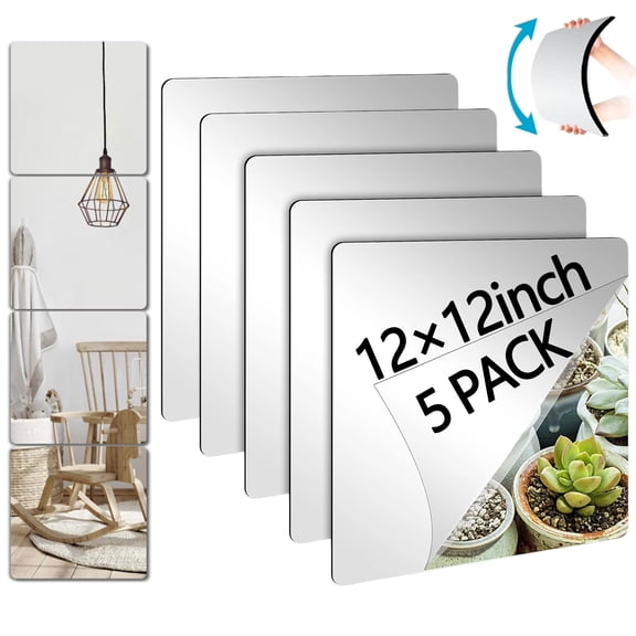 Asunby 5 Pack Self Adhesive Acrylic Mirror, 12 x 12 inch Flexible Plastic Wall Tiles, 1.5mm Thick Removable Wall Decor Sheets