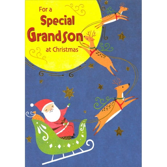 Designer Greetings Santa and Reindeer Flying Sleigh Across Full Moon Juvenile Christmas Card for Young Grandson
