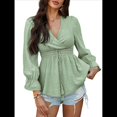 thumbnail image 2 of Blusa Cruzada con Cuello en V y Mangas Largas Abullonadas para Mujer, Camiseta Informal con Dobladillo con Volantes para y Verano. Verde XL, 2 of 10